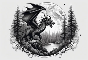Dark forest with dragon flying over it in front of the moon tattoo idea