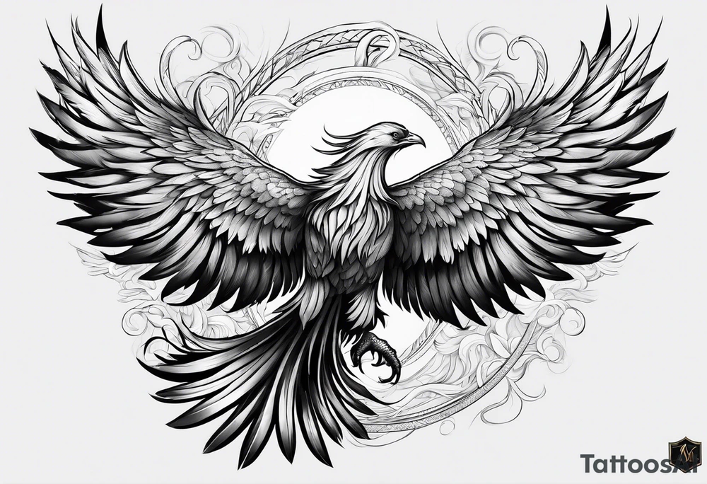 elegant long feathered phoenix
 in flight tattoo idea