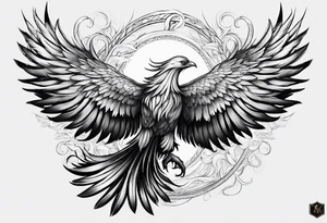 elegant long feathered phoenix
 in flight tattoo idea