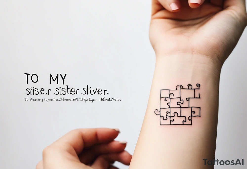 small, delicate tattoo in memory of my sister. Include the handwritten message:  "to my favorite sister" with a puzzle. Use negative space inside the puzzle piece to form the words, letting the words themselves shape part of the puzzle piece outline tattoo idea