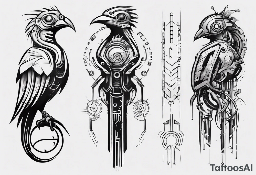 minimalist cyberpunk Quetzal tattoo idea