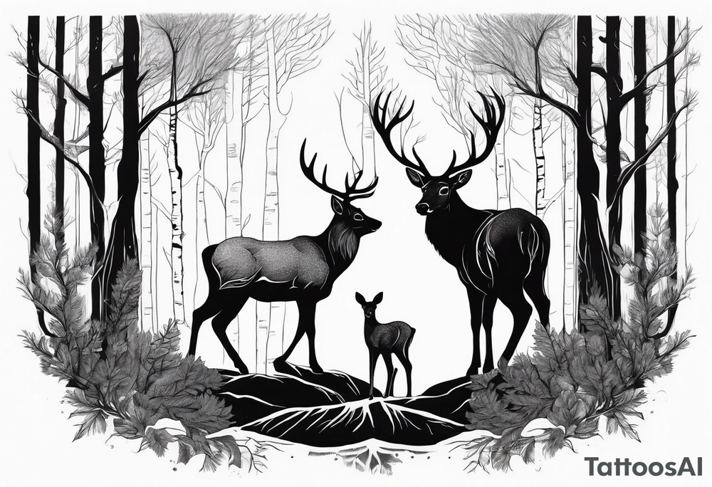 a large majestic male with large antlers, a graceful female and a small fawn. In the background, majestic trees, such as spruce and birch, no grass and no flower tattoo idea