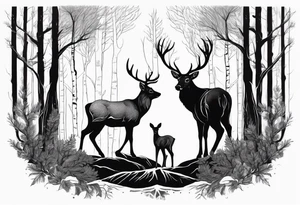 a large majestic male with large antlers, a graceful female and a small fawn. In the background, majestic trees, such as spruce and birch, no grass and no flower tattoo idea