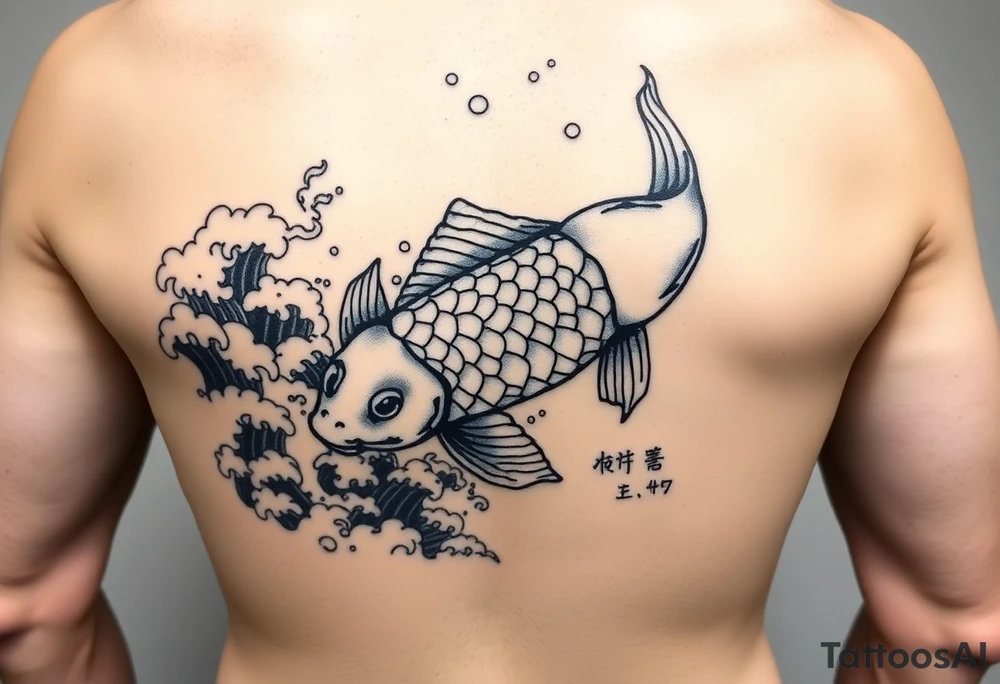 traditional koi fish swimming upstream through turbulent waves tattoo idea