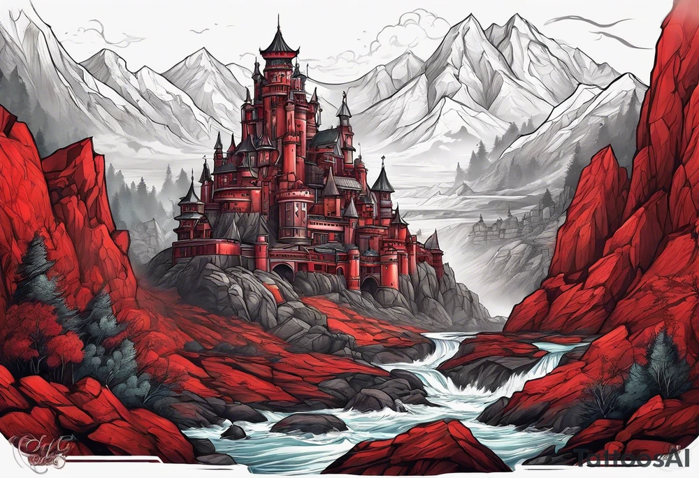 red mountains which there are two fantasies castles. tattoo idea