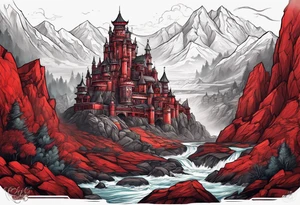 red mountains which there are two fantasies castles. tattoo idea