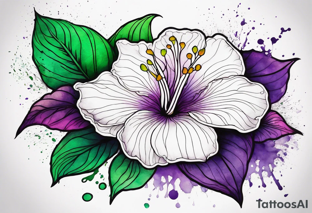 A mystical outline of a rio dipladenia flower and a green and purple watercolor splash in the background tattoo idea