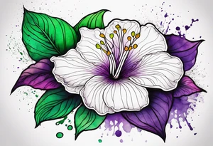 A mystical outline of a rio dipladenia flower and a green and purple watercolor splash in the background tattoo idea