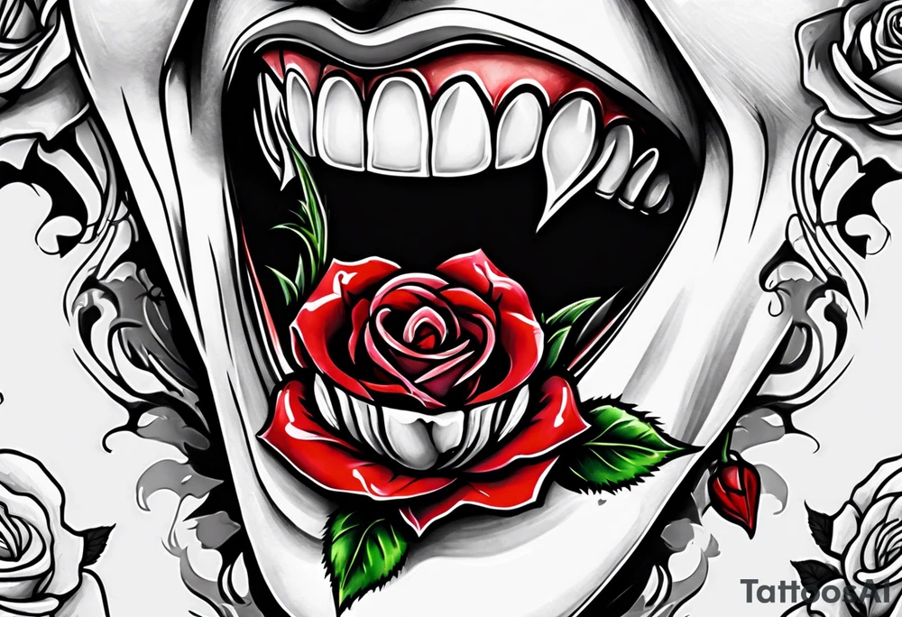 Sexy vampire mouth biting rose tattoo idea