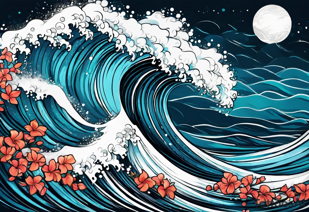 wave  "come what may" written underneath in cursive outside forearm not an oval tattoo idea