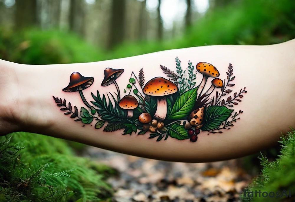 minimalistic forest floor inspired tattoo, which includes grass, moss, curly ferns and dead leaves as the bulk of the tattoo. details to include: forest berries, couple of very small brown mushrooms, a tiny bumblebee flying nearby tattoo idea