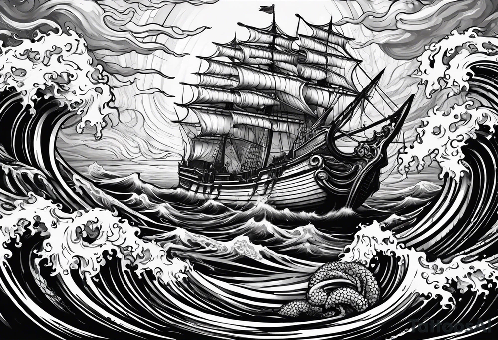 Kraken tentacles grabbing Poseidon thrusting trident into monster deep ocean stormy tattoo idea