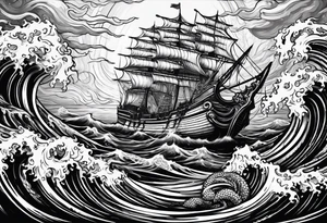Kraken tentacles grabbing Poseidon thrusting trident into monster deep ocean stormy tattoo idea