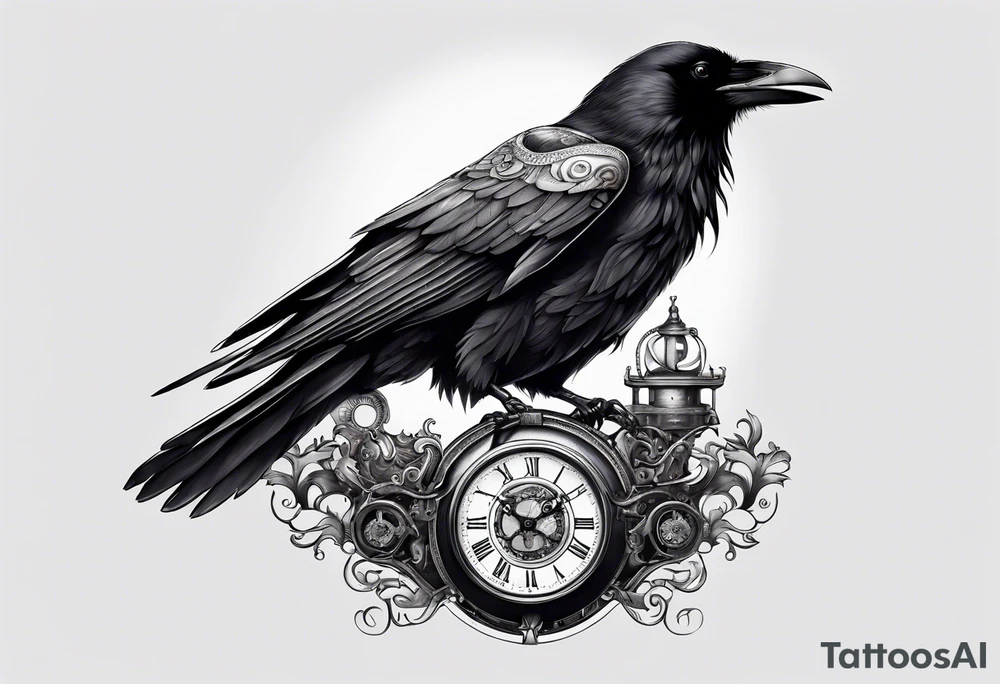 Raven sitting on a clockwork tattoo idea