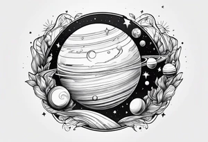 Human hand dangling planets from fingertips tattoo idea