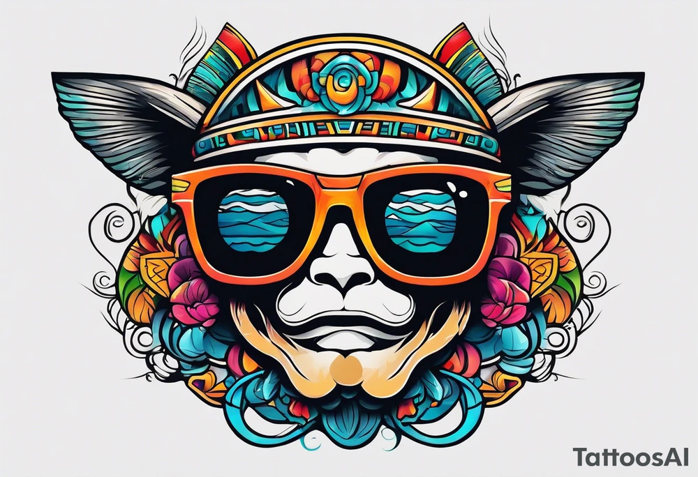 Colorful Mayan hieroglyph wearing sunglasses with waves and bats tattoo idea