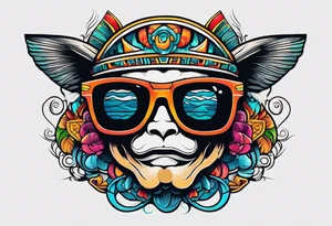 Colorful Mayan hieroglyph wearing sunglasses with waves and bats tattoo idea