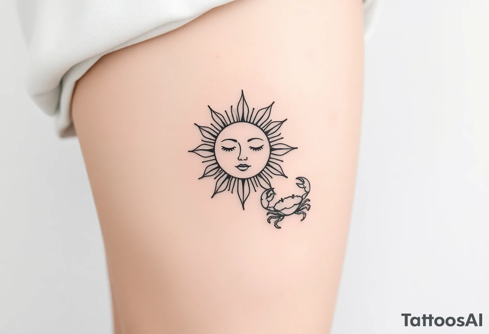 Traditional sun with simple face, Sun, rose and crab tattoo idea