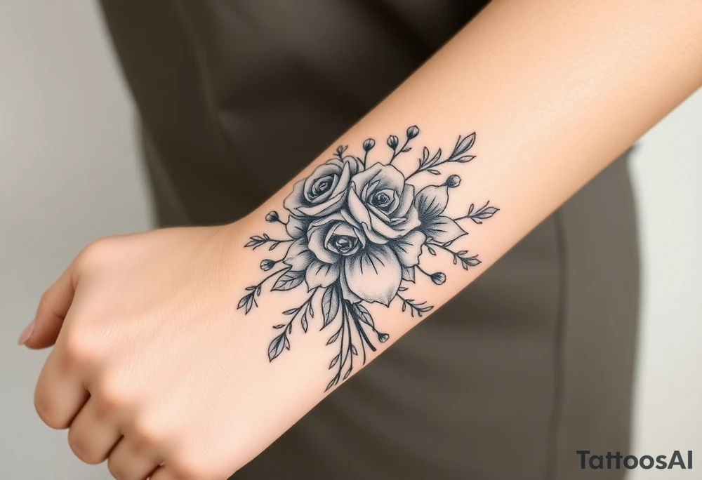 vintage bouquet of wild roses and meadow flowers with morning dew tattoo idea
