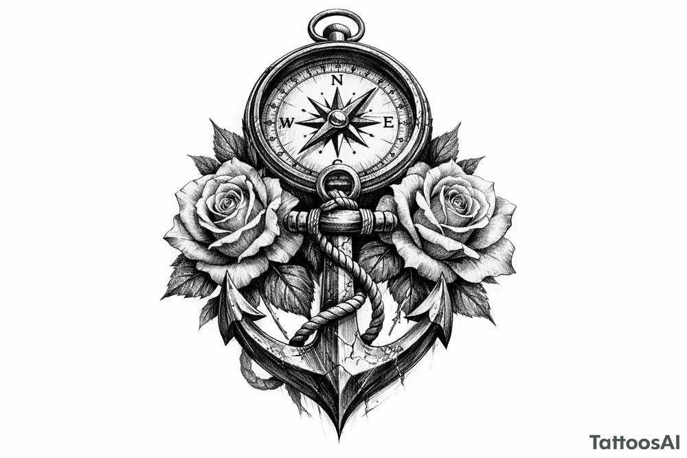 a compass under it an anchor and roses. tattoo idea