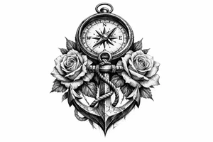 a compass under it an anchor and roses. tattoo idea