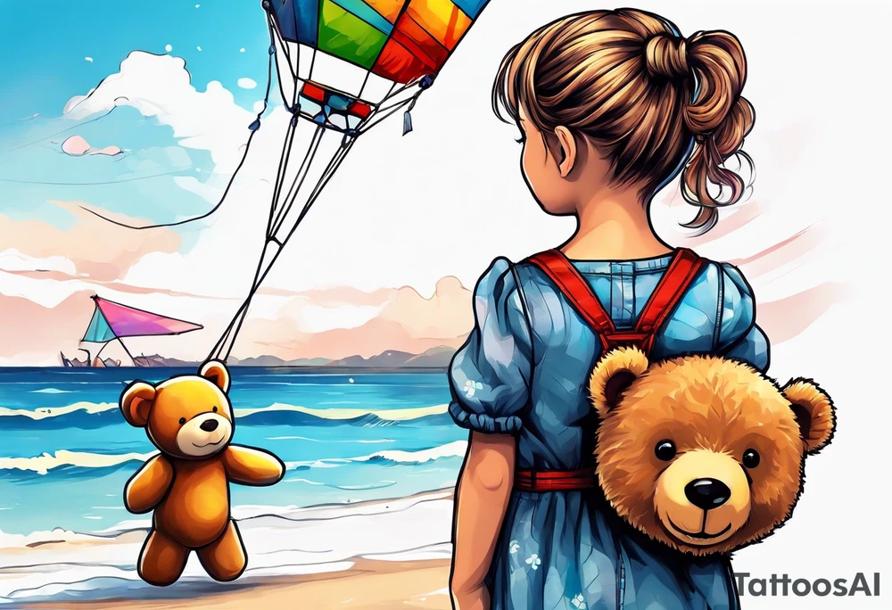 back image of a little girl in a dress, holding a kite , a teddy bear in overalls, standing beside her tattoo idea