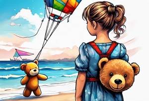 back image of a little girl in a dress, holding a kite , a teddy bear in overalls, standing beside her tattoo idea