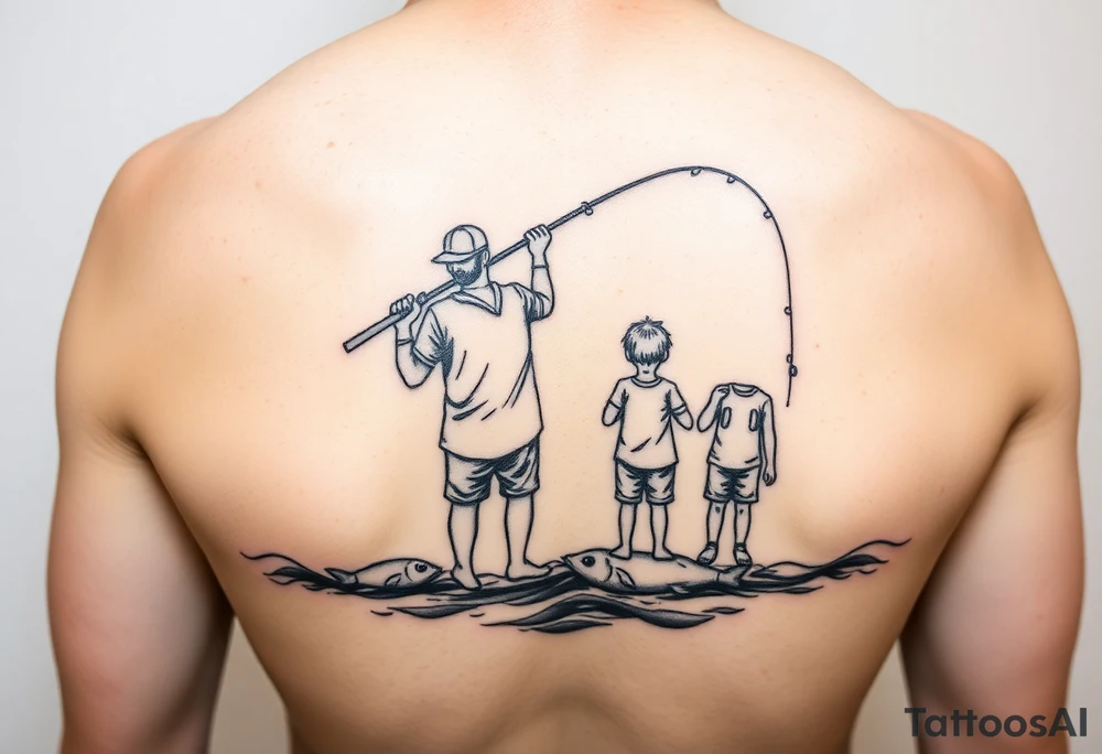Dad fishing with 3 kids tattoo idea