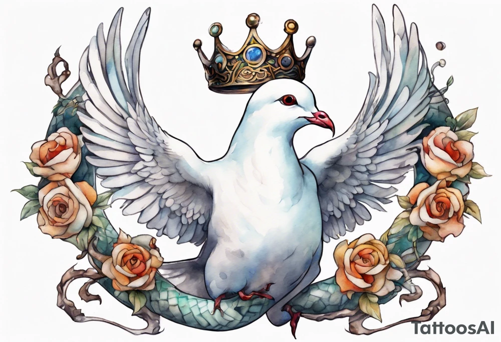 a white dove-serpent hybrid, holding an iron crown tattoo idea