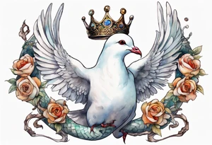 a white dove-serpent hybrid, holding an iron crown tattoo idea