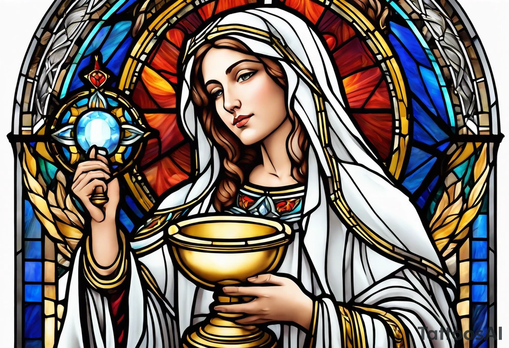 holy saint woman with halo stained glass holding a chalice with artillery tattoo idea