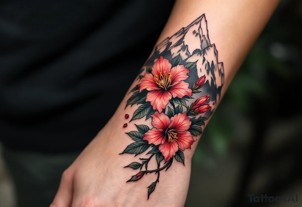 vertical wrist size red  and black rhododendron trippy with Himalayas behind tattoo idea