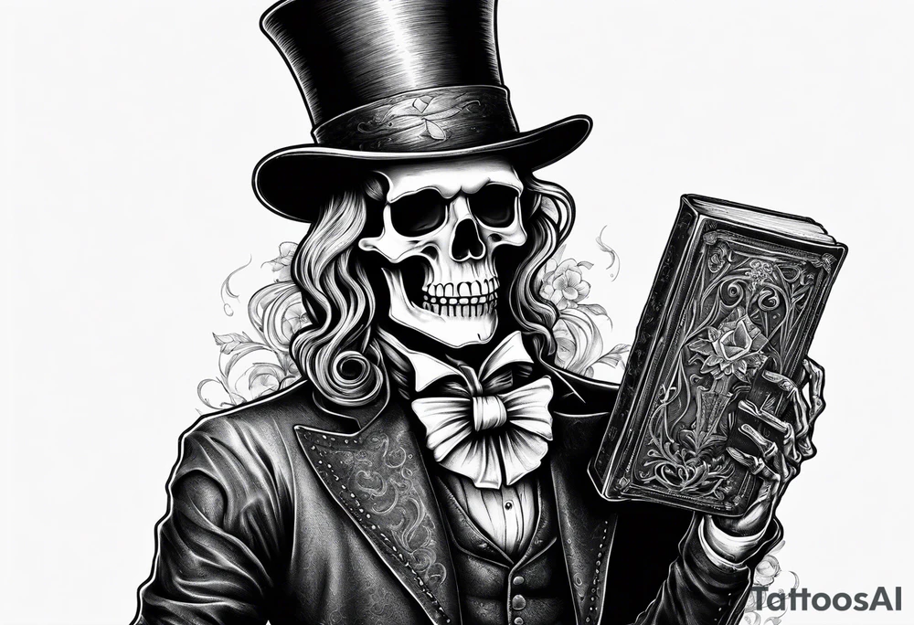old time skeleton wearing a top hat holding a bible tattoo idea
