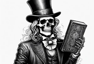 old time skeleton wearing a top hat holding a bible tattoo idea