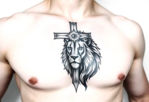 Cross, lion, strength and growth tattoo idea