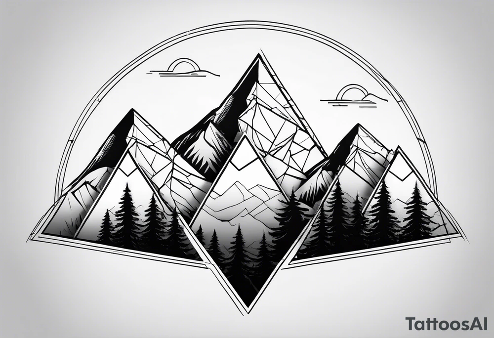 Black line tattoo with three different sizes triangles forming a mountain range with three trees tattoo idea Black line tattoo with three different sizes triangles forming a mountain range with three trees tattoo idea