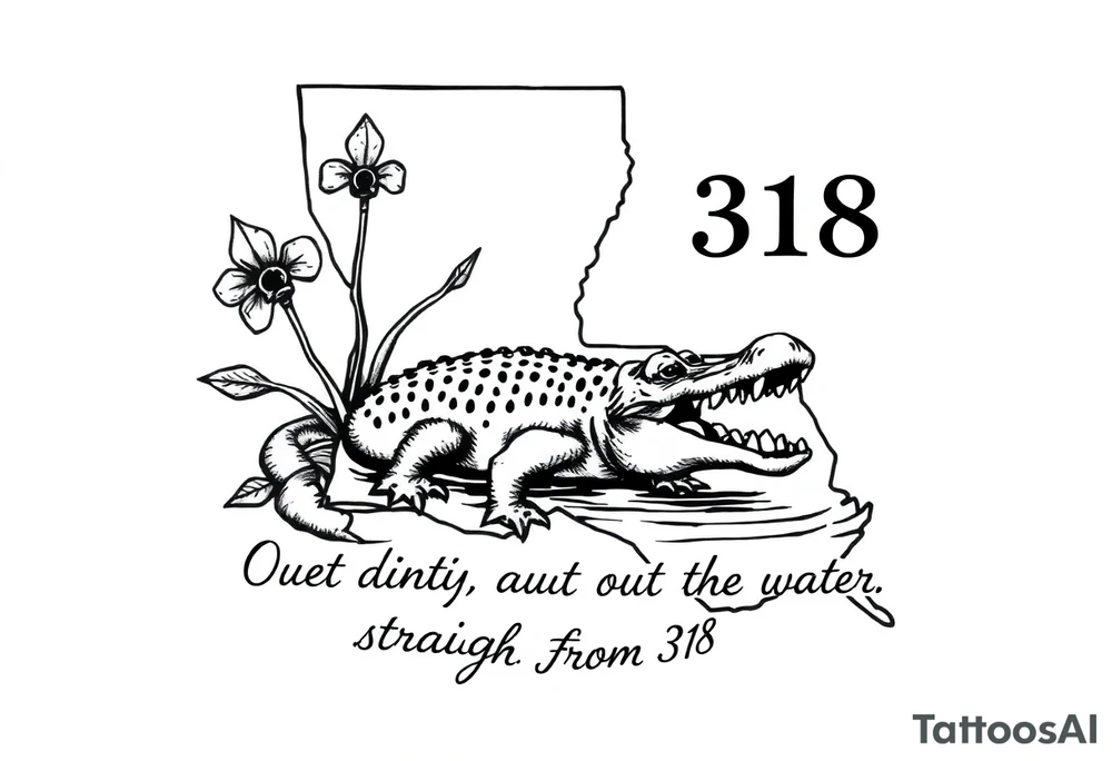 Louisiana state outline with fleur-de-lis, a bayou with a gator , the 318 area code and and quote that says  Out the dirt, out the water, straight from 318 tattoo idea
