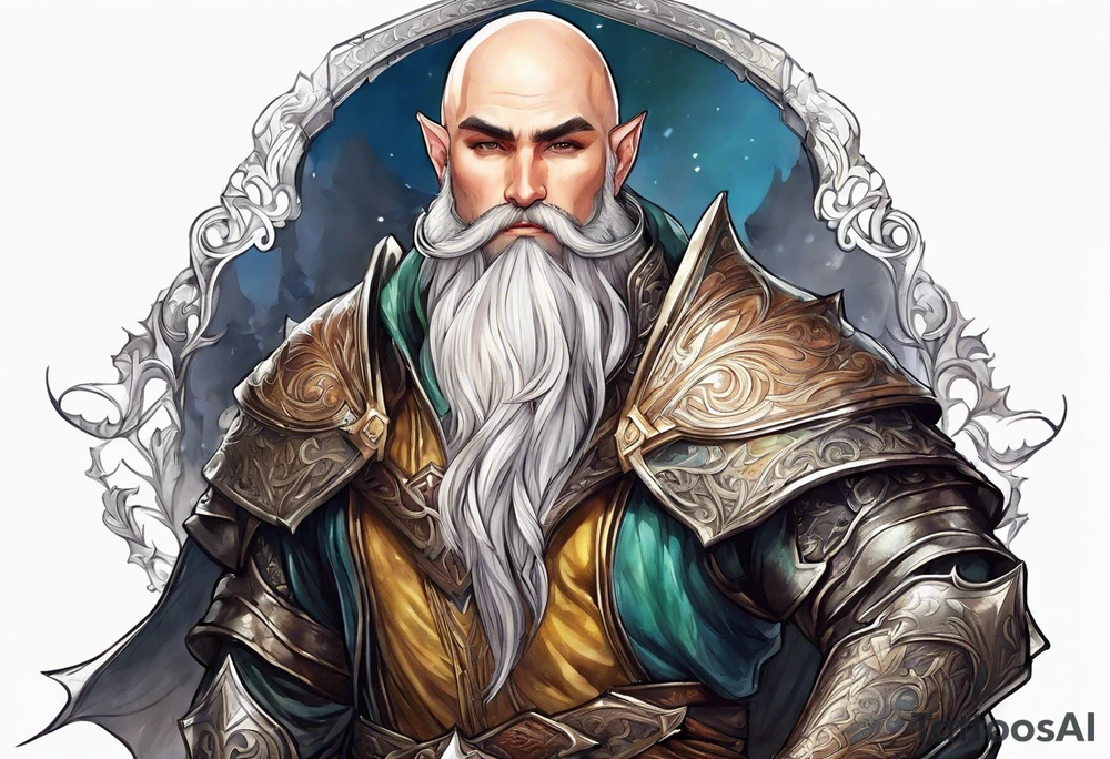 a full-body picture of a human elf, bearded bald male, paladin, from a distance tattoo idea