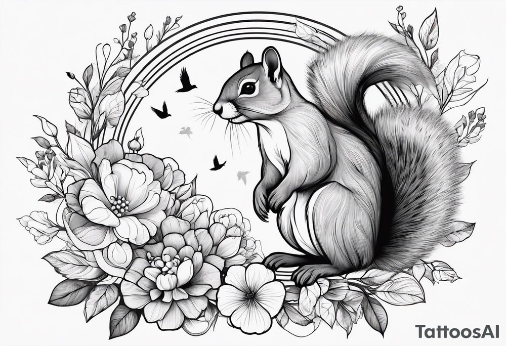 floral with small animals. Squirrels, birds tattoo idea