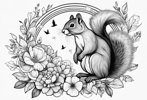floral with small animals. Squirrels, birds tattoo idea