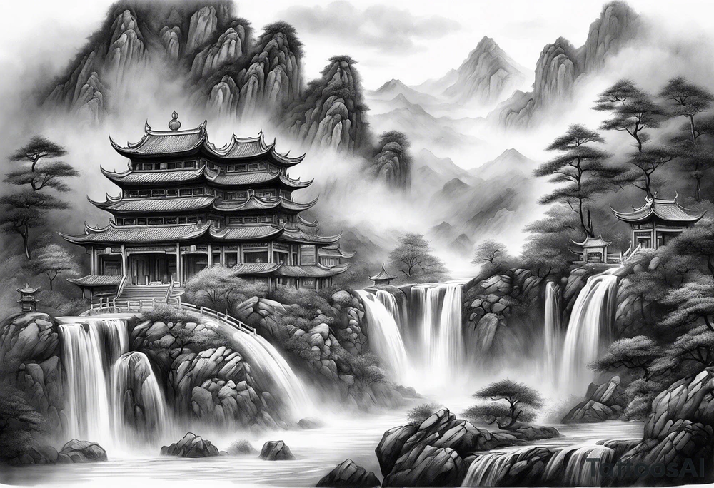 forearm sleeve traditional chinese art painting Chinese temple two old philosophers wearing robes and drinking tea mountains mist fog waterfall tattoo idea
