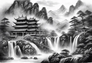 forearm sleeve traditional chinese art painting Chinese temple two old philosophers wearing robes and drinking tea mountains mist fog waterfall tattoo idea