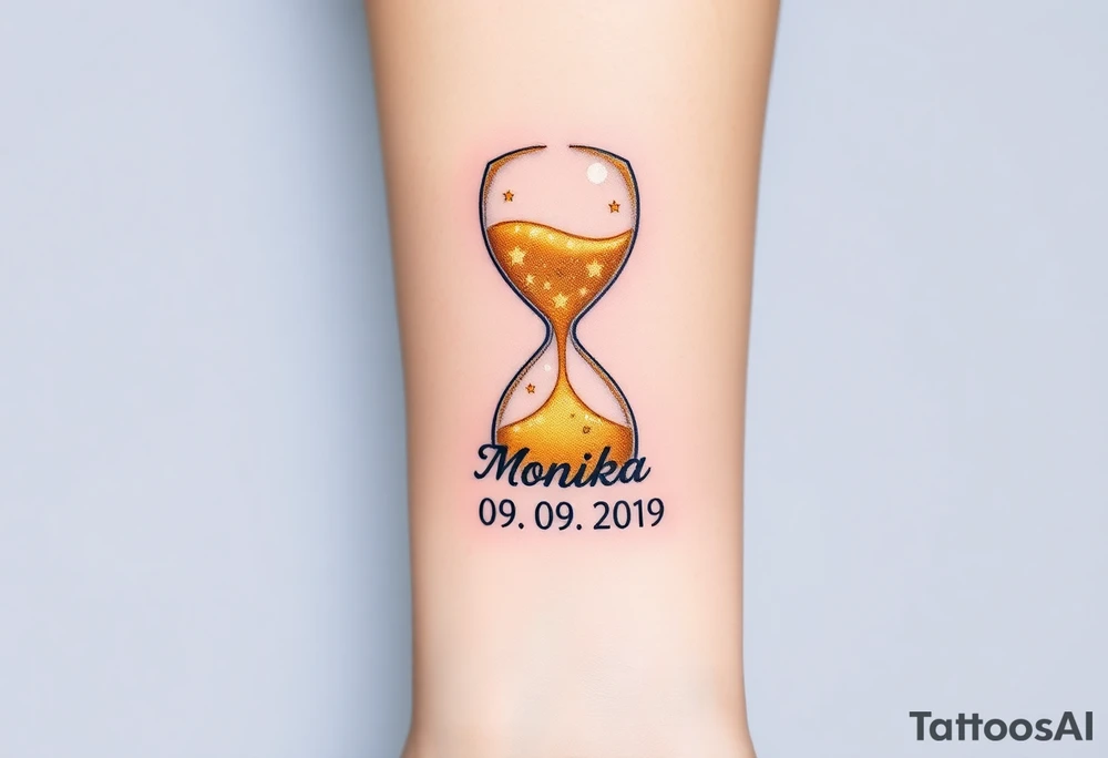 A golden hourglass where sand transforms into tiny stars, flowing down to mark the birth time with name "Monika" and date "09. 09. 2019", in shimmering gold and deep space black tattoo idea