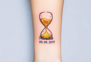 A golden hourglass where sand transforms into tiny stars, flowing down to mark the birth time with name "Monika" and date "09. 09. 2019", in shimmering gold and deep space black tattoo idea