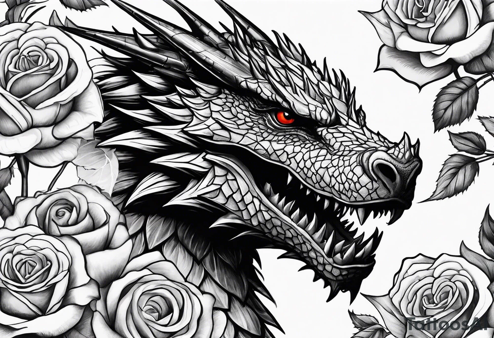 Drogon's face above some roses and thorns tattoo idea