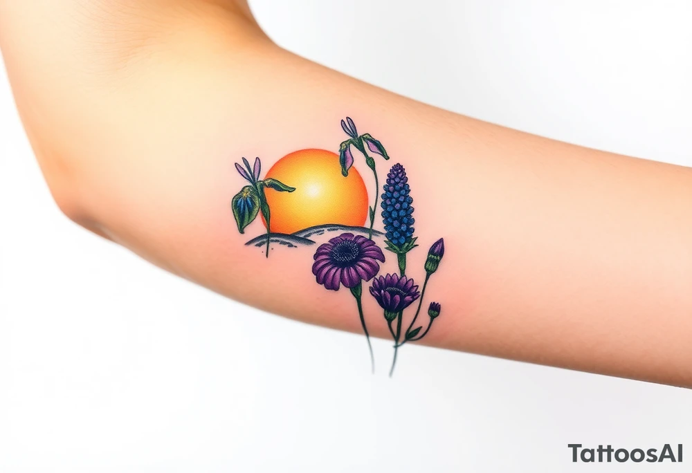 cutleaf coneflower, blue flag iris, bee balm, obedient plant, purple coneflower on a hill with a sunset tattoo idea