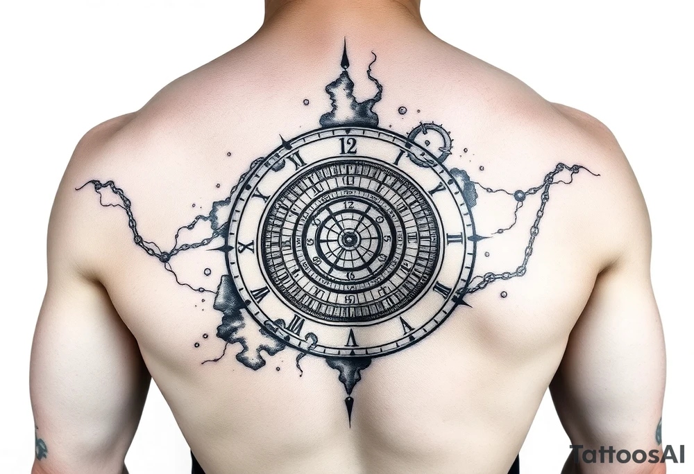 Chest and short-sleve universe themed spiral clock tattoo idea