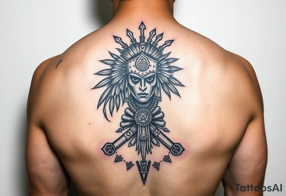 Purepecha warrior surrounded by purepecha symbols on forearm tattoo idea