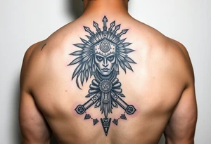 Purepecha warrior surrounded by purepecha symbols on forearm tattoo idea