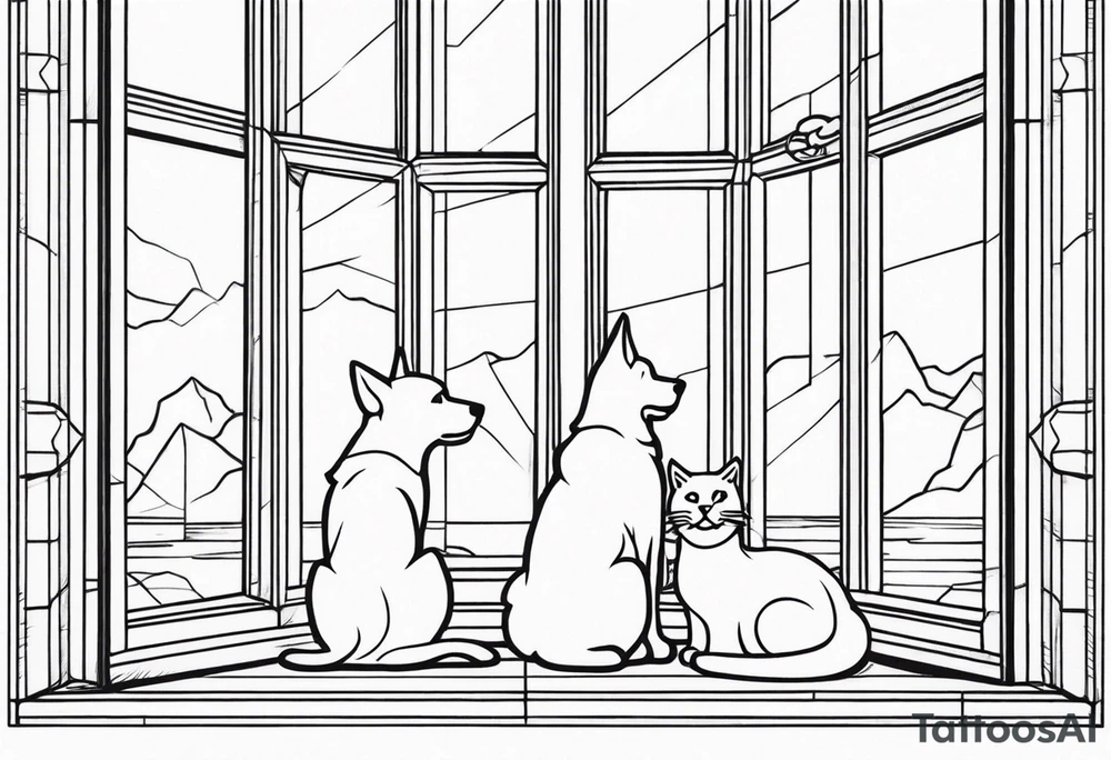dog and cat sitting on floor and looking out tall octagonal window together tattoo idea dog and cat sitting on floor and looking out tall octagonal window together tattoo idea